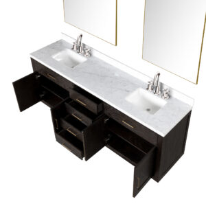 Abbey 84W x 22D Black Oak Double Bath Vanity, Carrara Marble Top, Faucet Set, and 36Mirrors