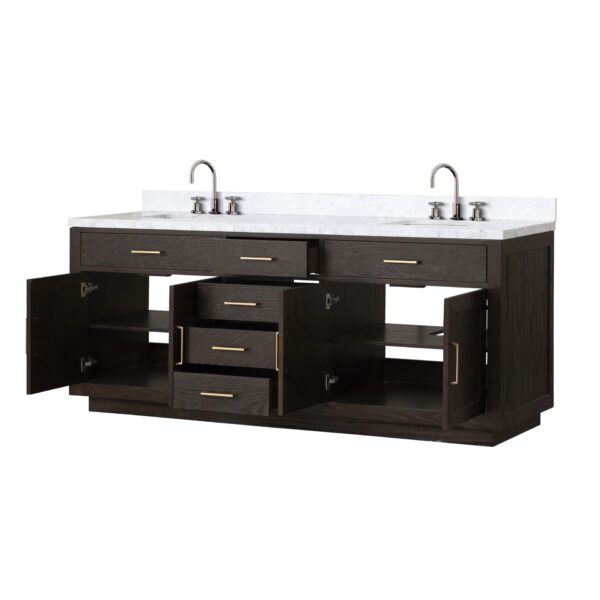 Abbey 84W x 22D Brown Oak Double Bath Vanity, Carrara Marble Top, and Faucet Set