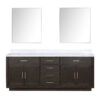 Abbey 84W x 22D Brown Oak Double Bath Vanity, Carrara Marble Top, and 36Mirrors