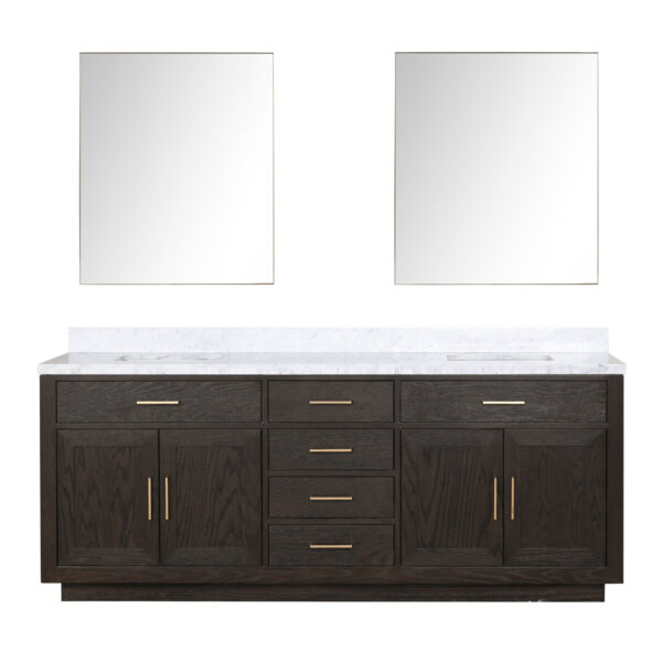 Abbey 84W x 22D Brown Oak Double Bath Vanity, Carrara Marble Top, and 36Mirrors