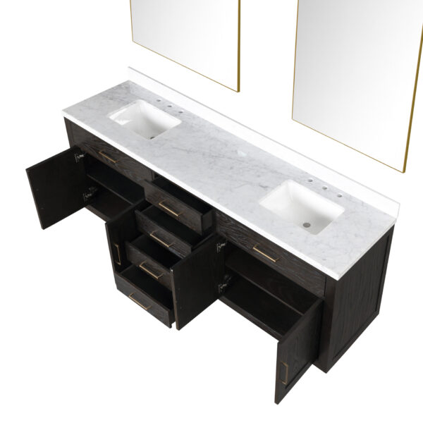 Abbey 84W x 22D Brown Oak Double Bath Vanity, Carrara Marble Top, and 36Mirrors