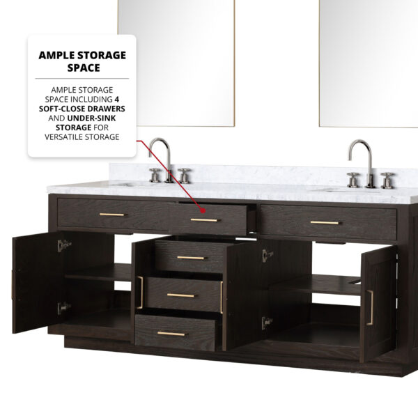 Abbey 84W x 22D Brown Oak Double Bath Vanity and Carrara Marble Top