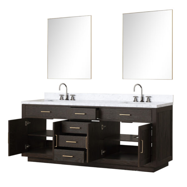 Abbey 84W x 22D Brown Oak Double Bath Vanity, Carrara Marble Top, Faucet Set, and 36Mirrors