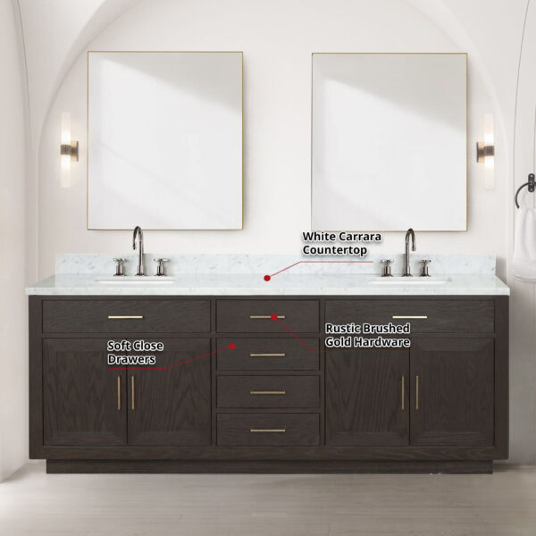 Abbey 84W x 22D Brown Oak Double Bath Vanity and Carrara Marble Top