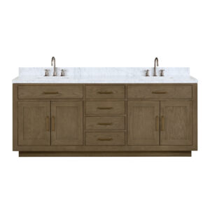 Abbey 84W x 22D Grey Oak Double Bath Vanity, Carrara Marble Top, and Faucet Set