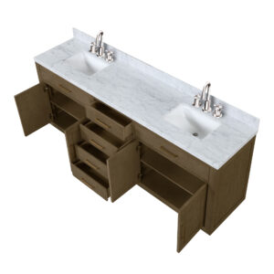 Abbey 84W x 22D Grey Oak Double Bath Vanity, Carrara Marble Top, and Faucet Set