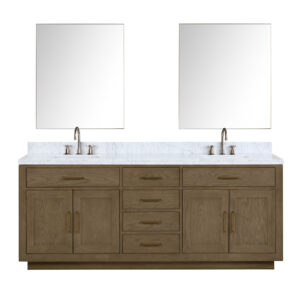 Abbey 84W x 22D Grey Oak Double Bath Vanity, Carrara Marble Top, Faucet Set, and 36Mirrors