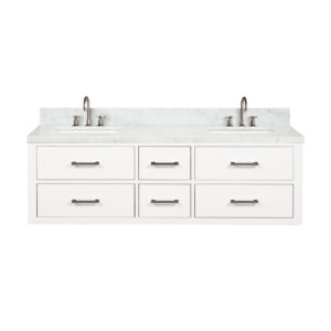 Castor 60W x 22D White Double Bath Vanity, Carrara Marble Top, and Faucet Set