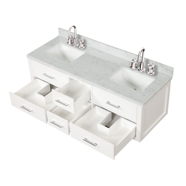 Castor 60W x 22D White Double Bath Vanity, Carrara Marble Top, Faucet Set, and 28Mirrors