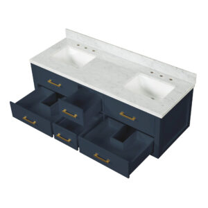 Castor 60W x 22D Blue Double Bath Vanity and Carrara Marble Top