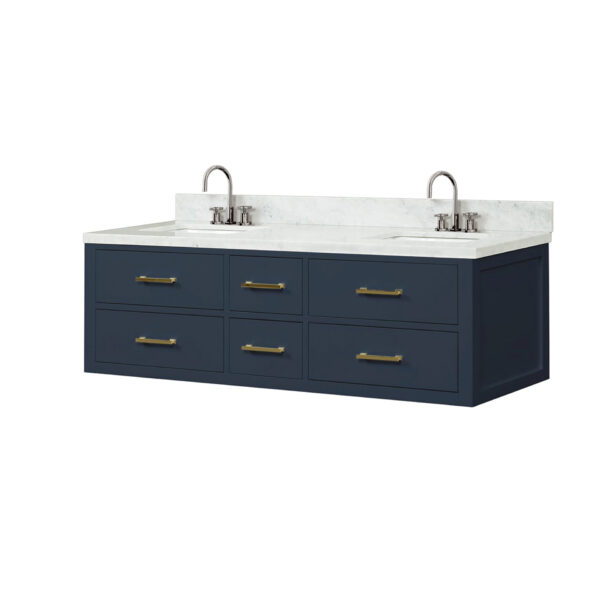 Castor 60W x 22D Blue Double Bath Vanity, Carrara Marble Top, and Faucet Set