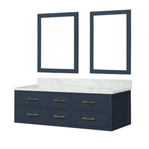 Castor 60W x 22D Blue Double Bath Vanity, Carrara Marble Top, and 28Mirrors