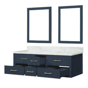 Castor 60W x 22D Blue Double Bath Vanity, Carrara Marble Top, and 28Mirrors