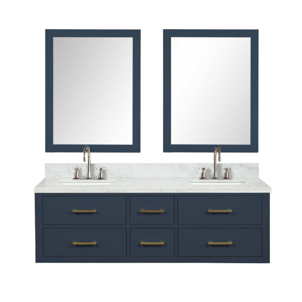 Castor 60W x 22D Blue Double Bath Vanity, Carrara Marble Top, Faucet Set, and 28Mirrors