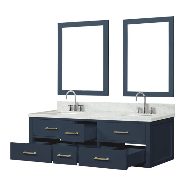 Castor 60W x 22D Blue Double Bath Vanity, Carrara Marble Top, Faucet Set, and 28Mirrors