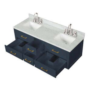 Castor 60W x 22D Blue Double Bath Vanity, Carrara Marble Top, Faucet Set, and 28Mirrors