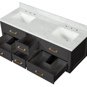 Castor 60W x 22D Black Double Bath Vanity and Carrara Marble Top