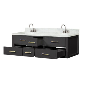 Castor 60W x 22D Black Double Bath Vanity, Carrara Marble Top, and Faucet Set