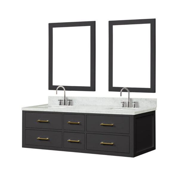 Castor 60W x 22D Black Double Bath Vanity, Carrara Marble Top, Faucet Set, and 28Mirrors