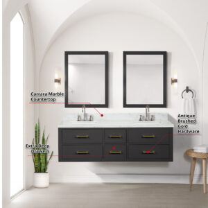 Castor 60W x 22D Black Double Bath Vanity and Carrara Marble Top