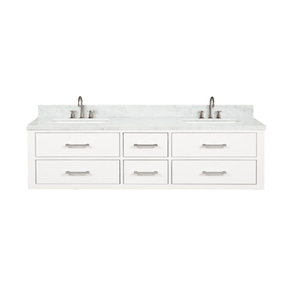 Castor 72W x 22D White Double Bath Vanity, Carrara Marble Top, and Faucet Set