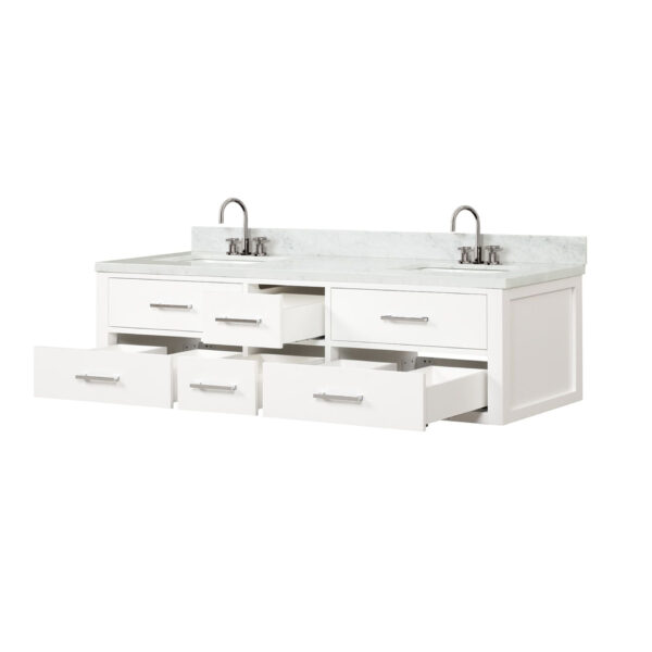 Castor 72W x 22D White Double Bath Vanity, Carrara Marble Top, and Faucet Set