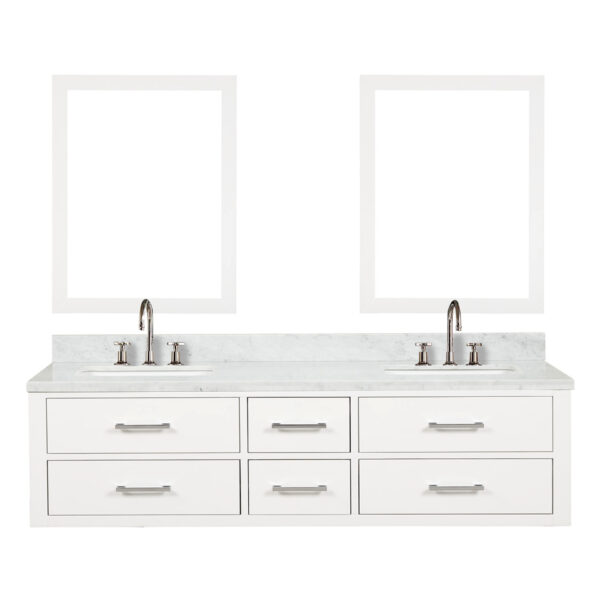 Castor 72W x 22D White Double Bath Vanity, Carrara Marble Top, Faucet Set, and 34Mirrors