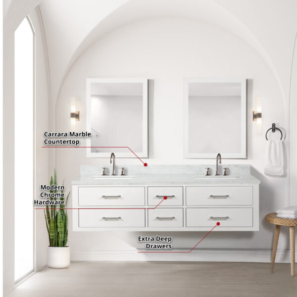 Castor 72W x 22D White Double Bath Vanity and Carrara Marble Top