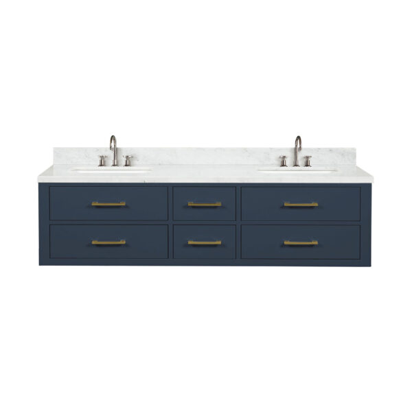 Castor 72W x 22D Blue Double Bath Vanity, Carrara Marble Top, and Faucet Set