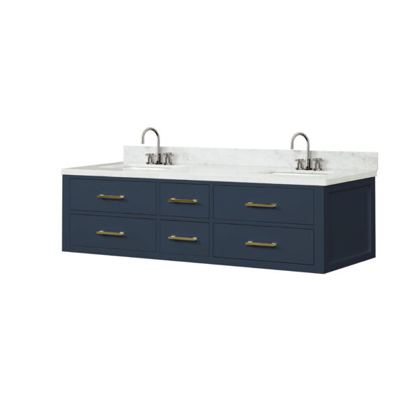 Castor 72W x 22D Blue Double Bath Vanity, Carrara Marble Top, and Faucet Set