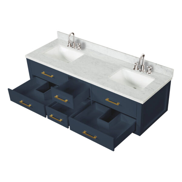 Castor 72W x 22D Blue Double Bath Vanity, Carrara Marble Top, and Faucet Set