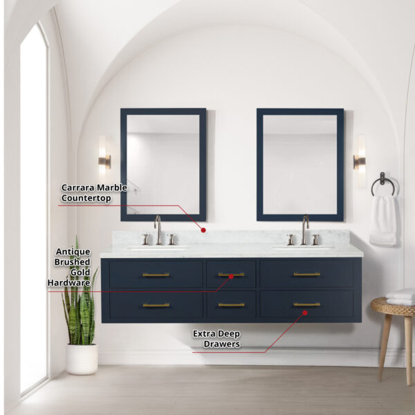 Castor 72W x 22D Blue Double Bath Vanity and Carrara Marble Top