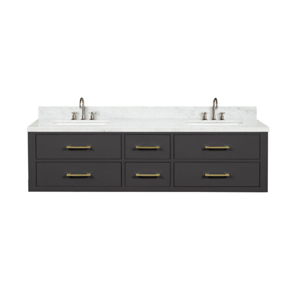 Castor 72W x 22D Black Double Bath Vanity, Carrara Marble Top, and Faucet Set