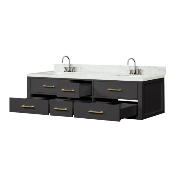 Castor 72W x 22D Black Double Bath Vanity, Carrara Marble Top, and Faucet Set