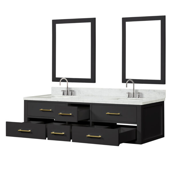 Castor 72W x 22D Black Double Bath Vanity, Carrara Marble Top, Faucet Set, and 34Mirrors