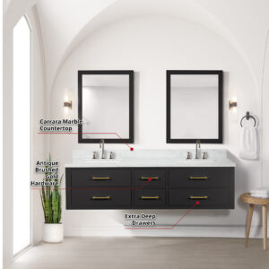 Castor 72W x 22D Black Double Bath Vanity and Carrara Marble Top