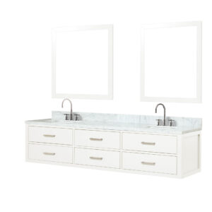 Castor 80W x 22D White Double Bath Vanity, Carrara Marble Top, Faucet Set, and 36Mirrors