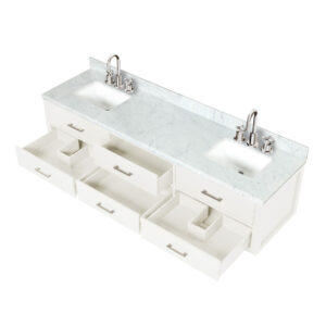 Castor 80W x 22D White Double Bath Vanity, Carrara Marble Top, Faucet Set, and 36Mirrors