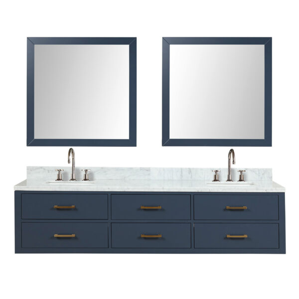 Castor 80W x 22D Blue Double Bath Vanity, Carrara Marble Top, Faucet Set, and 36Mirrors