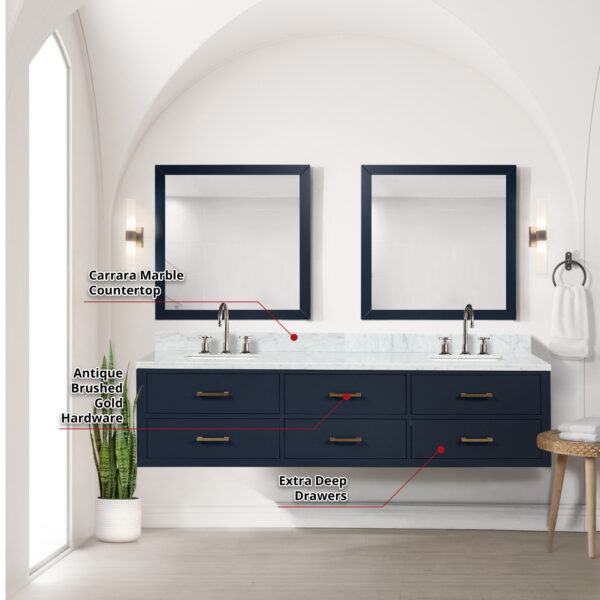 Castor 80W x 22D Blue Double Bath Vanity and Carrara Marble Top