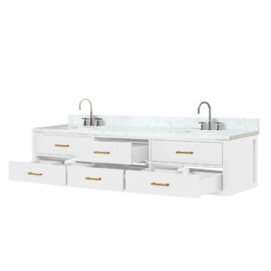 Castor 84W x 22D White Double Bath Vanity, Carrara Marble Top, and Faucet Set