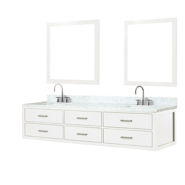 Castor 84W x 22D White Double Bath Vanity, Carrara Marble Top, Faucet Set, and 36Mirrors