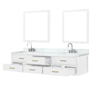 Castor 84W x 22D White Double Bath Vanity, Carrara Marble Top, Faucet Set, and 36Mirrors