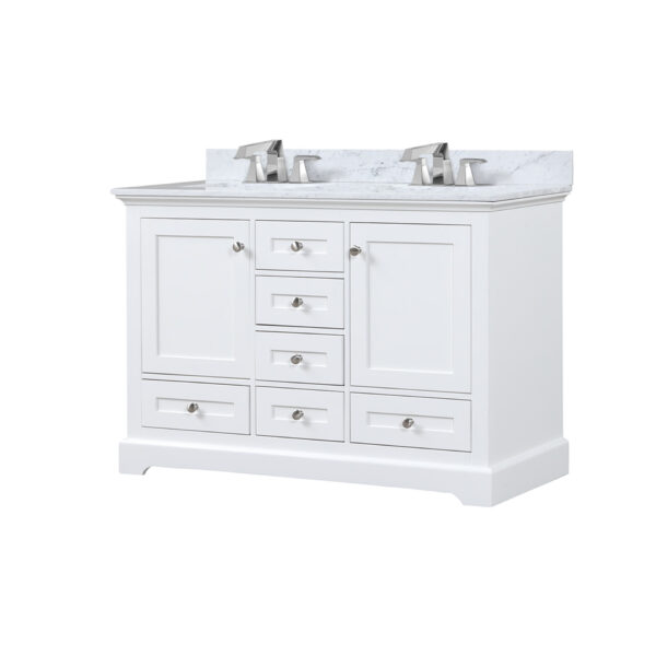 Dukes 48 in. W x 22 in. D White Double Bath Vanity, Carrara Marble Top, and Faucet Set