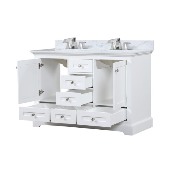 Dukes 48 in. W x 22 in. D White Double Bath Vanity, Carrara Marble Top, and Faucet Set