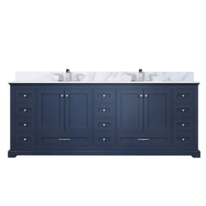 Dukes 84 in. W x 22 in. D Navy Blue Double Bath Vanity, Carrara Marble Top, and Faucet Set