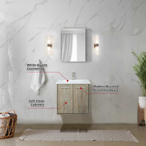 Fairbanks 24W x 20D Rustic Acacia Bath Vanity, White Quartz Top and Brushed Nickel Faucet Set