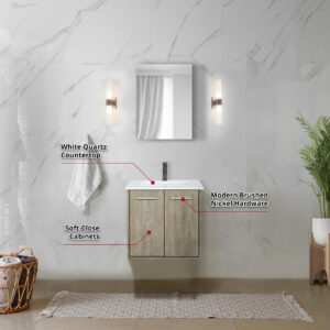 Fairbanks 24W x 20D Rustic Acacia Bath Vanity, White Quartz Top and Gun Metal Faucet Set