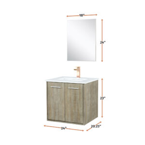 Fairbanks 24W x 20D Rustic Acacia Bath Vanity, White Quartz Top, Rose Gold Faucet Set and 18Mirror