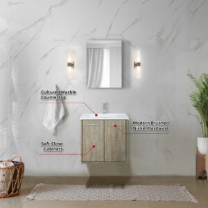 Fairbanks 24W x 20D Rustic Acacia Bath Vanity, Cultured Marble Top and Brushed Nickel Faucet Set